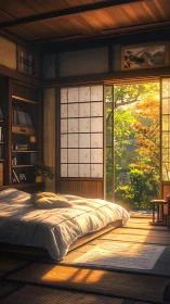 Sunlit tatami bedroom with shoji and garden view.