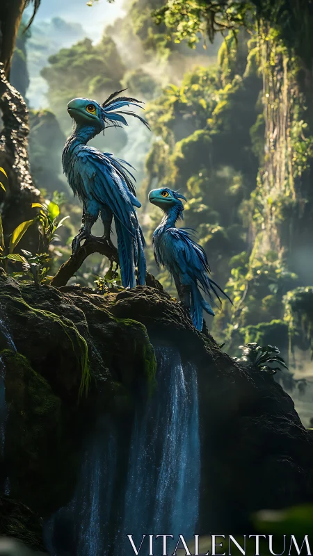 Bioluminescent blue birds survey misty jungle waterfall