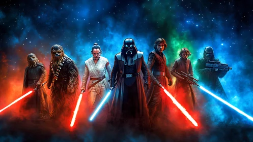 Digital painting lineup of sci‑fi warriors with neon sabers.