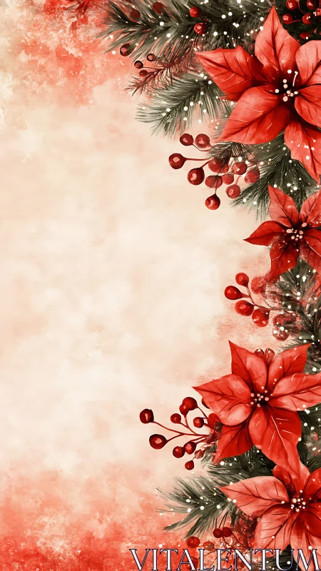 Watercolor poinsettia border with red berries on cream.