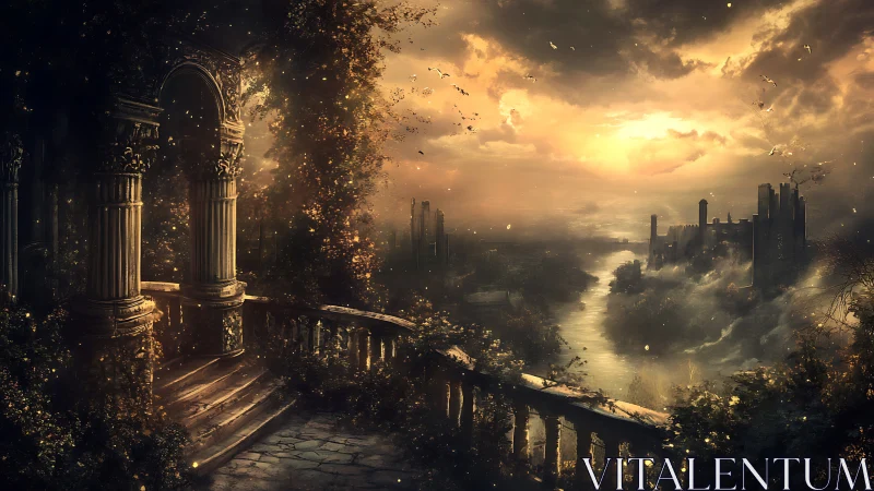 Ruined balcony and river valley under glowing sunset.