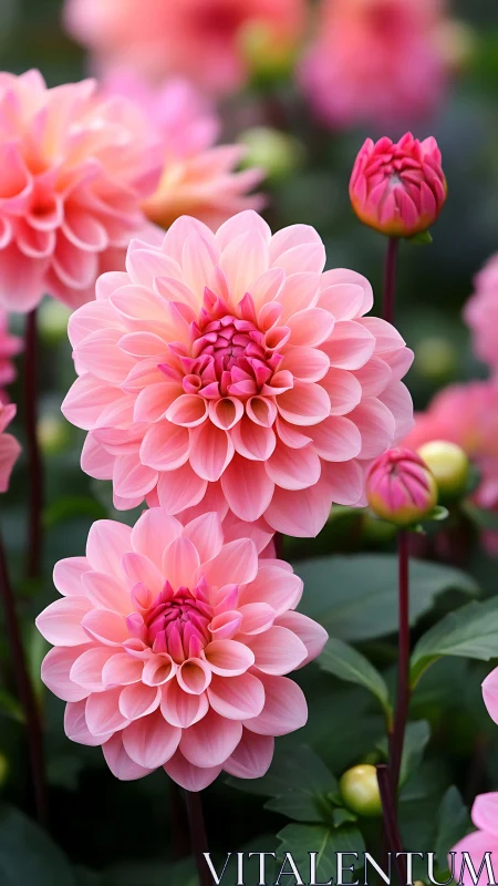 Coral Dahlias Unfold in Layered Splendor Amidst Garden Green