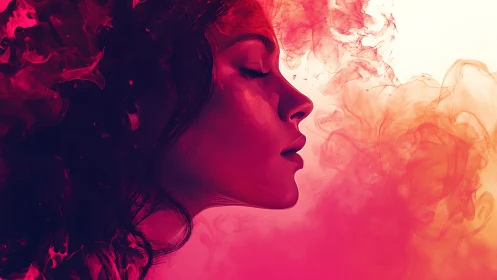 Profile portrait merges into red vapor plumes with smooth gradients