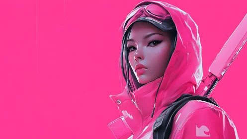 Neon tactical heroine in saturated magenta cyber-gear profile.