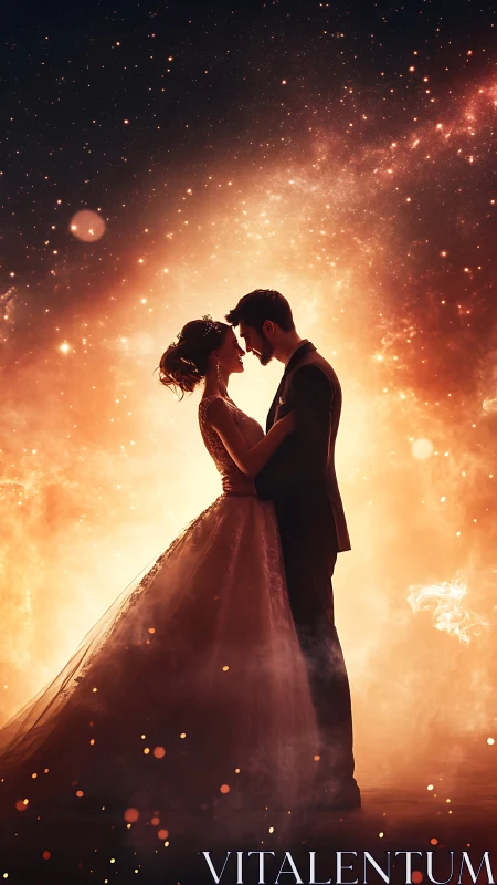 Starlit bride and groom embrace within a blazing cosmic glow.