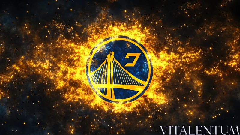 Golden bridge emblem glows within fiery cosmic energy field.