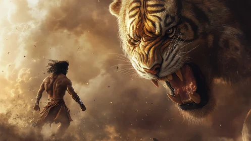 Warrior confronts roaring tiger in swirling desert storm