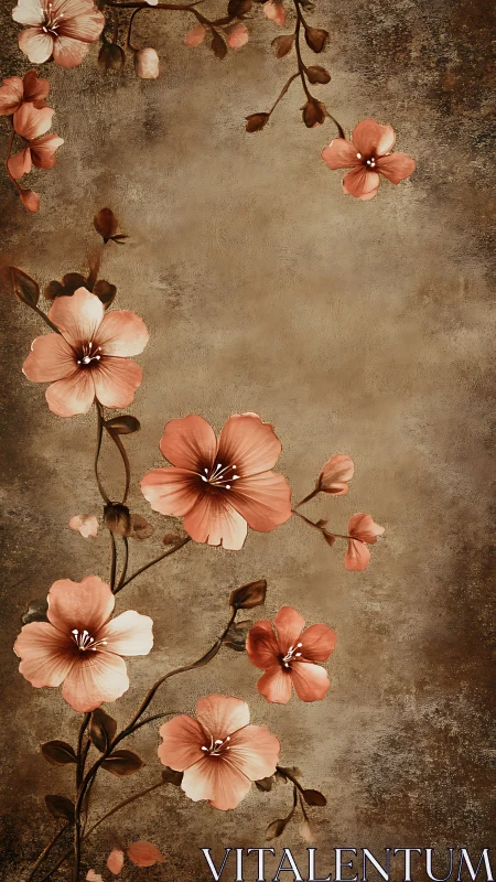 Vintage Botanical Composition with Coral Flowers on Textured Brown Background
