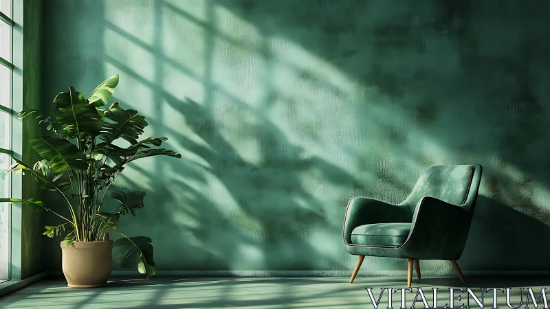 Green velvet armchair and potted plant in sunlit corner.