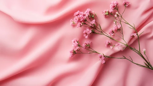 Delicate pink gypsophila branches rest on draped satin