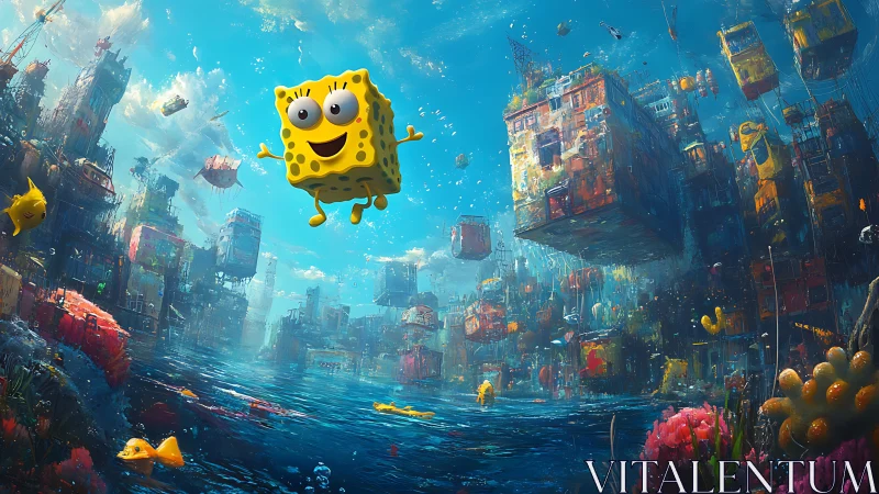 Cartoon sponge drifts through dense futuristic ocean cityscape.