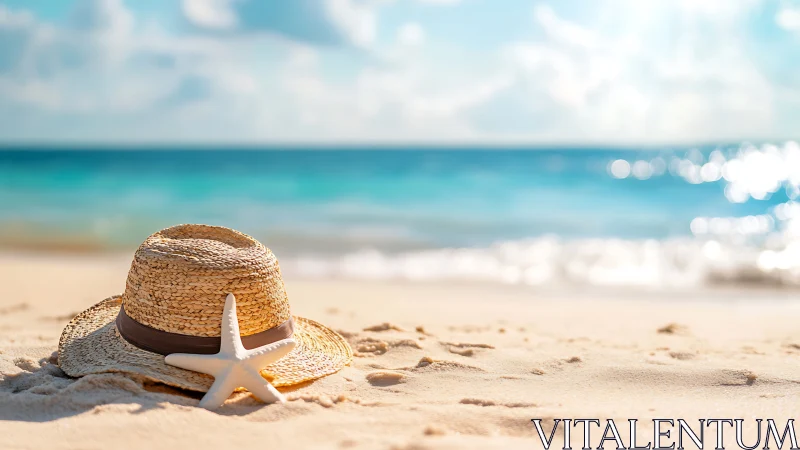 Sunlit straw hat and starfish rest gently on a calm beach