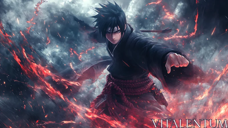 Anime warrior unleashes fiery energy arcs in storm vortex