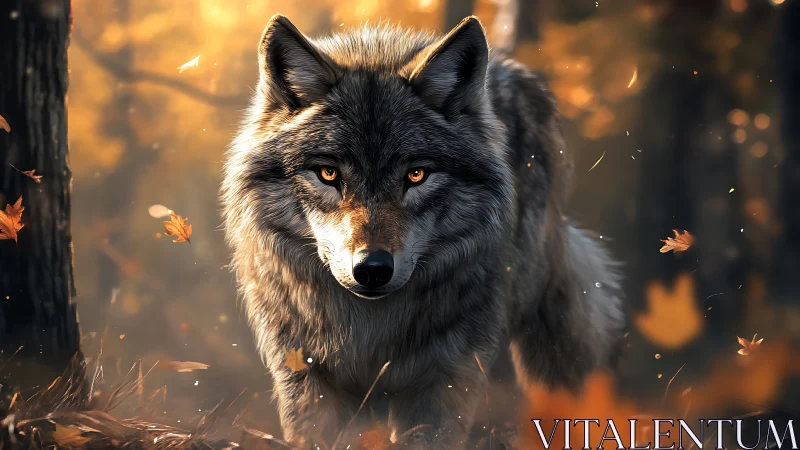 Autumn backlit gray wolf with cinematic depth of field focus.