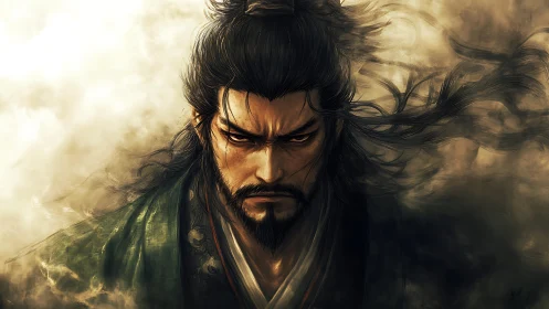 Stoic warrior portrait in swirling atmospheric haze.