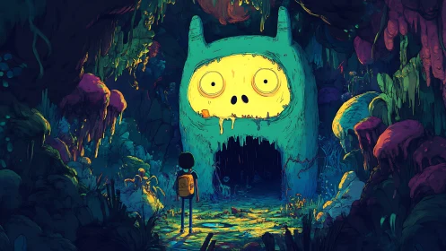 Human figure faces illuminated creature-shaped cave entrance