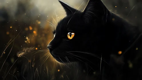 Black Cat with Golden Eyes in Atmospheric Lighting
