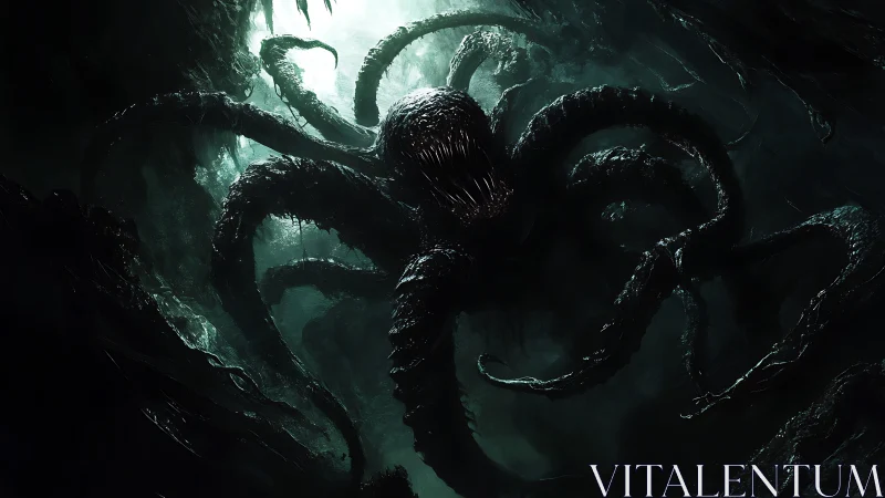 Abyssal maw of the midnight leviathan unfurling tendrils.