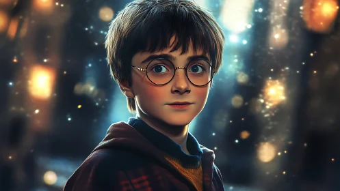 Young bespectacled boy in glowing magical bokeh scene.
