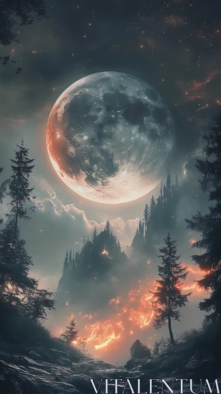 A Glowing Moon Rising Over an Enchanted Forest Scene.