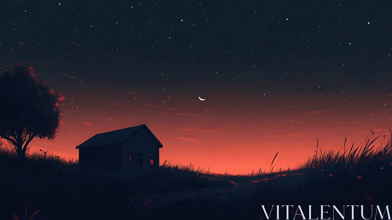 Rural cabin silhouette under crescent moon and ember dusk sky.