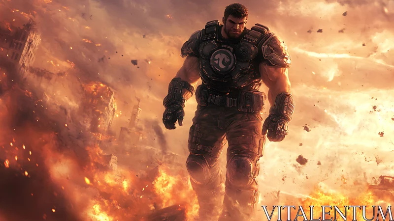 Armored super soldier strides through fiery war-torn ruins.