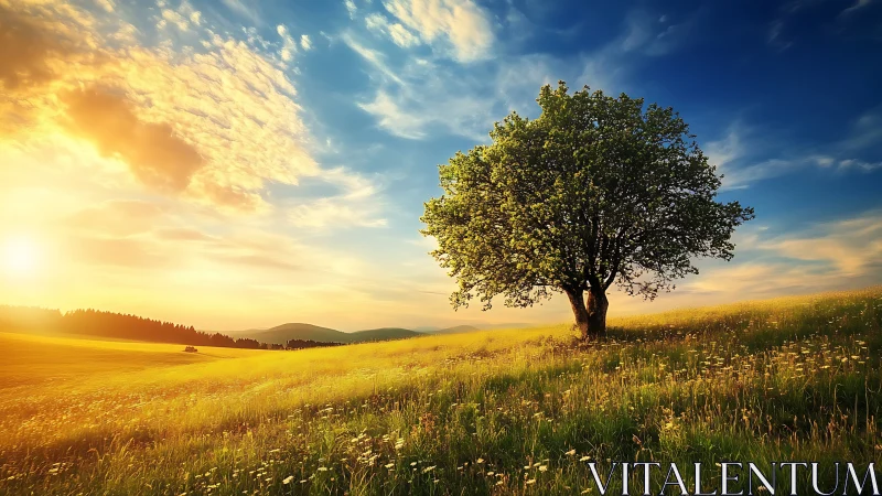 Solitary tree anchors sunlit meadow under dramatic sky