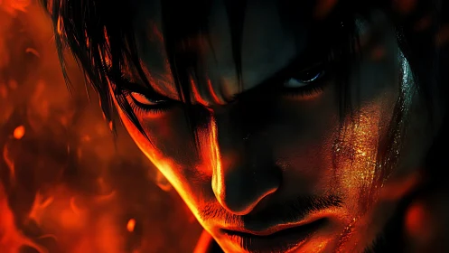 Intense male warrior rendered in high-contrast fiery lighting