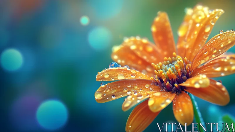 Orange Gerbera Daisy with Dew Droplets in Macro Focus.