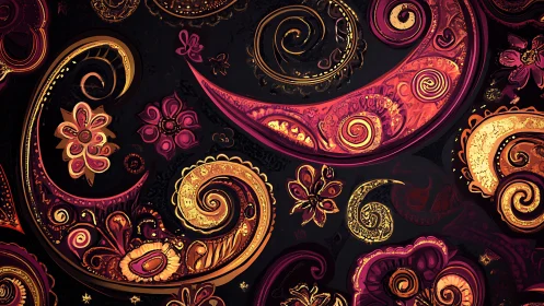 Ornate paisley swirls glow over dark textured background