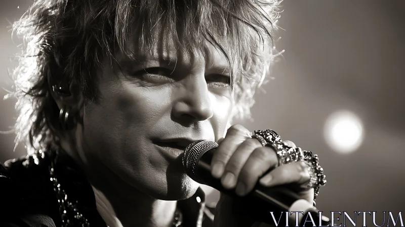 Rock vocalist grips microphone in dramatic monochrome closeup.