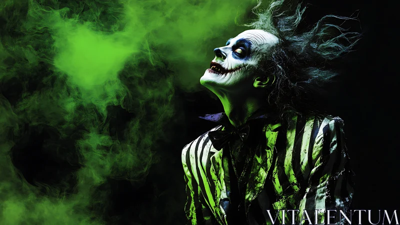 Neon green spectral clown portrait in toxic swirling fog