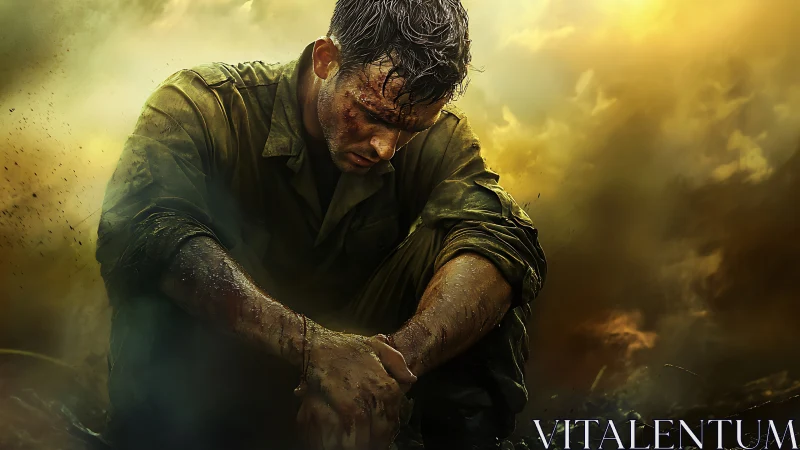 Mud covered soldier seated amid dense yellow battlefield haze.