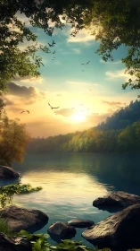 Sunset lake unbuttons the sky while forest light listens