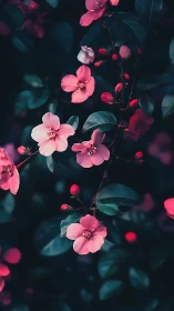 Pink Blossoms in Moody Teal Foliage Creates Elegant Botanical Contrast