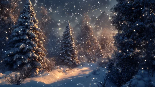 Snow-laden conifer forest glows under soft twilight illumination