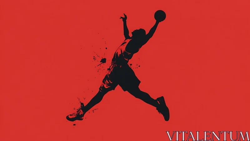 Silhouette of basketball player dunking on red field.