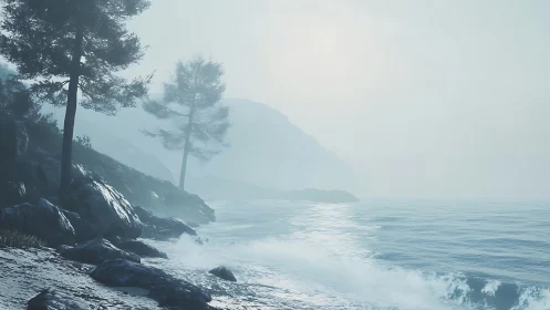 Misty Coastal Scene with Pine Trees and Rocky Shore