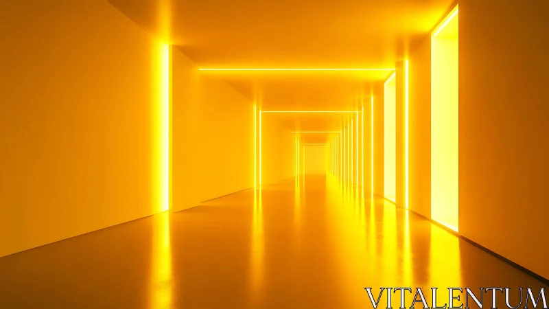 Golden corridor glows with linear neon light geometry.