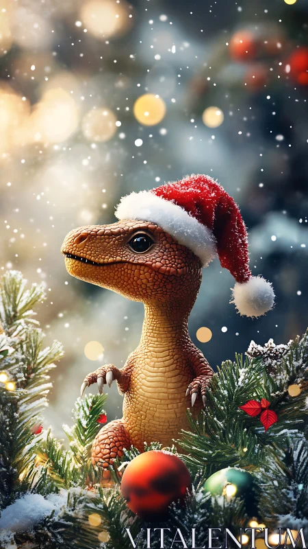 Santa-hatted baby dinosaur sparkles in enchanted snowfall.