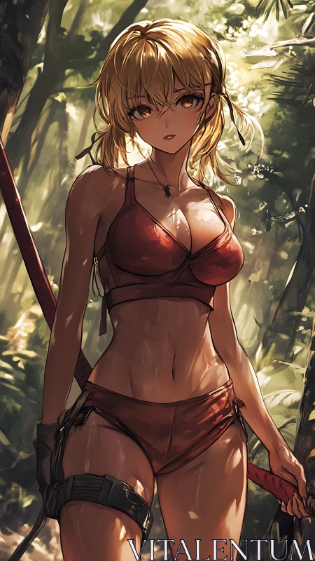 Sunlit jungle warrior pauses beneath a canopy of molten gold