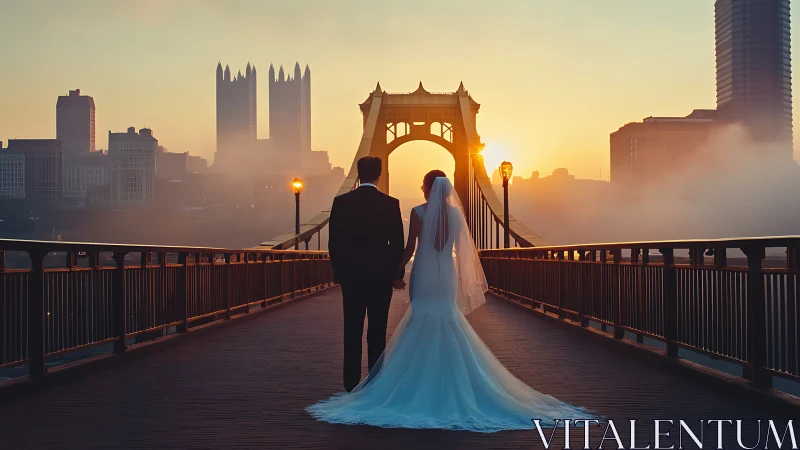 Bride and groom cross city bridge at golden sunrise.