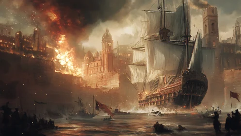 Flaming harbor fortress rises as a great warship charges forward