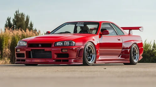 Red Nissan Skyline GT-R R34 with body kit on open road.