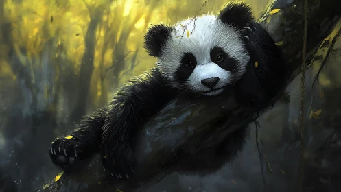 Juvenile panda resting on branch in luminous forest light