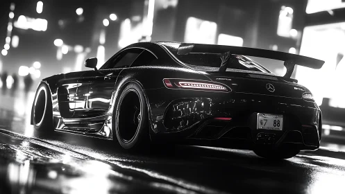 Rear view sports coupe on wet city street at night.