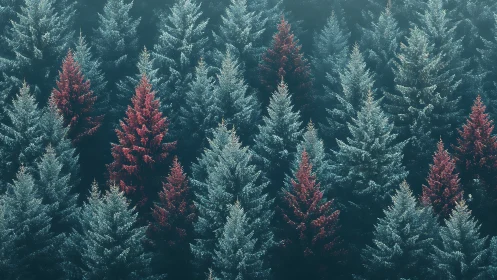 Dense conifer canopy with selective red chroma variation under haze