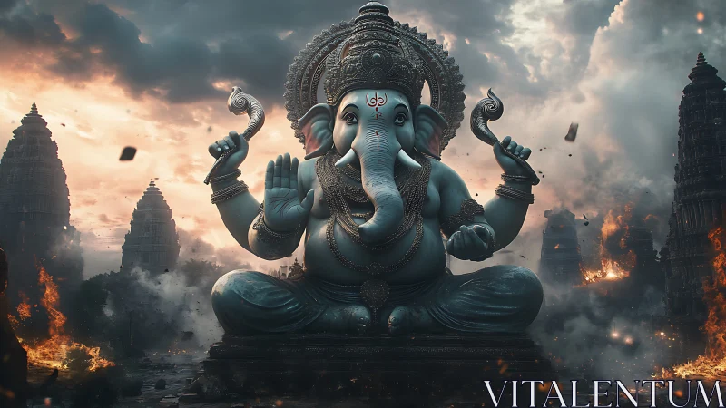 Ganesha deity dominates stormlit temple ruins in firestorm