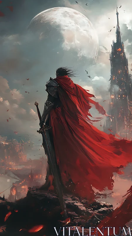Dark knight overlooks burning citadel beneath blood moon.