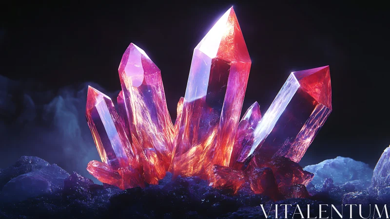 Luminous magenta crystal cluster rendered in dramatic 3D light